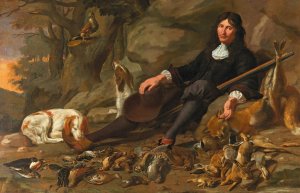 An Elegant Huntsman With His Dog And Game Resting In A Rocky Landscape, Oil On Canvas by Nicolaas Stramot II Oil Painting