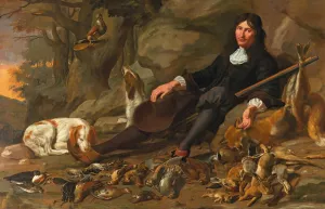 An Elegant Huntsman With His Dog And Game Resting In A Rocky Landscape, Oil On Canvas by Nicolaas Stramot II Oil Painting