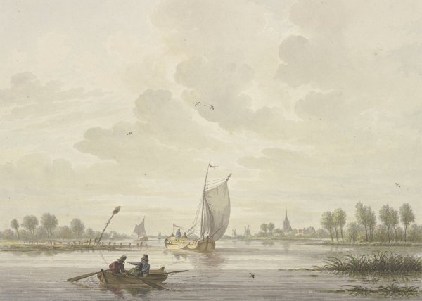 Auf einem Fluss segeln einige Barken, vorne ein Ruderboot by Nicolaas Wicart - Hand-Painted Oil Painting Reproduction