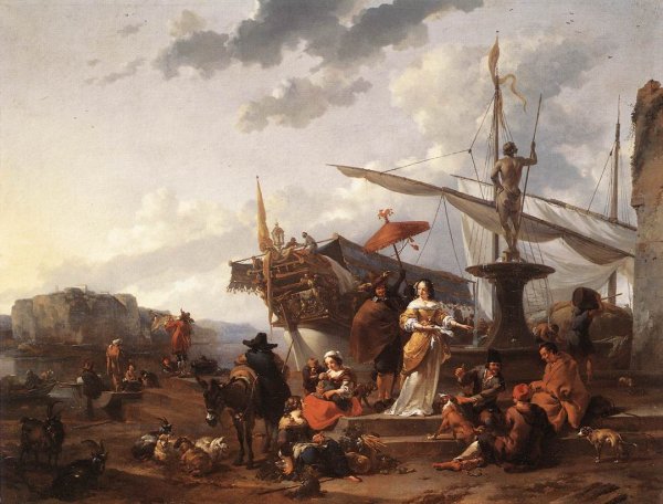 A Southern Harbour Scene by Nicolaes Berchem - Hand-Painted Oil Painting Reproduction