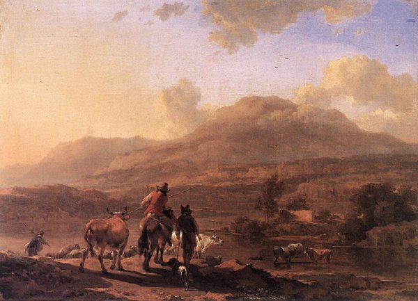 Italian Landscape at Sunset by Nicolaes Berchem - Hand-Painted Oil Painting Reproduction