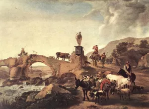 Italian Landscape with Bridge by Nicolaes Berchem - Oil Painting Reproduction