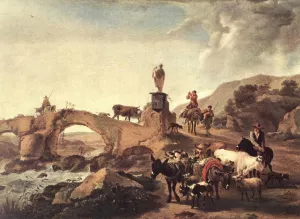 Italian Landscape with Bridge Oil painting by Nicolaes Berchem