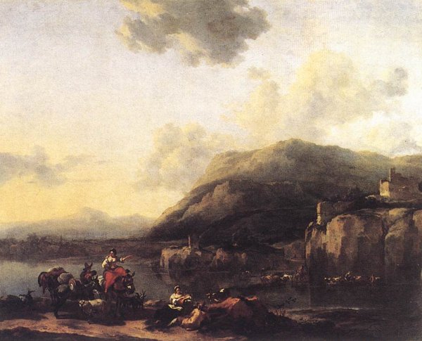 Main Product Photo of Landscape with Jacob, Rachel, and Leah Painting by Nicolaes Berchem