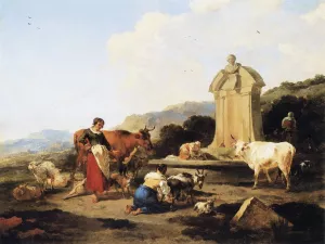 Roman Fountain with Cattle and Figures by Nicolaes Berchem - Oil Painting Reproduction