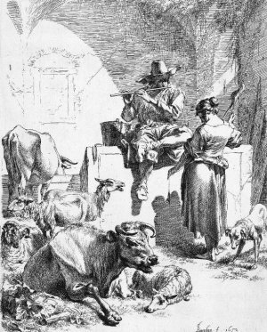 Shepherd at the Well with the Spinning Girl by Nicolaes Berchem Oil Painting