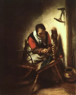 A Woman Spinning painting by Nicolaes Maes