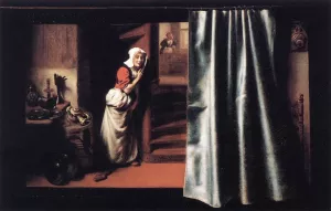 Eavesdropper with a Scolding Woman Oil painting by Nicolaes Maes