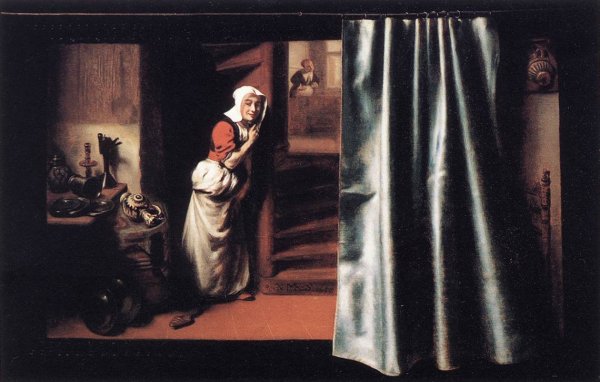 Main Product Photo of Eavesdropper with a Scolding Woman Painting by Nicolaes Maes