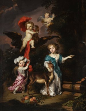 Pastoral Family Portrait of Four Children, Personifying Mythological Figures, Including Ganymede, And Diana With a Deer by Nicolaes Maes Oil Painting
