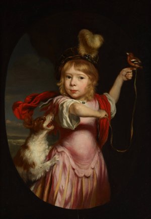 Portrait of a Boy in Classical Dress with a Bullfinch and Spaniel by Nicolaes Maes Oil Painting