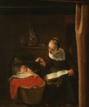 Young Woman at a Cradle by Nicolaes Maes Oil Painting