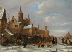 A merry company on a frozen river by Nicolaes Molenaer Oil Painting