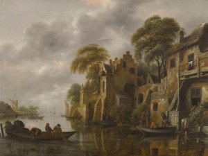 A River Landscape With Fishermen Loading Their Nets Beside A Town by Nicolaes Molenaer Oil Painting