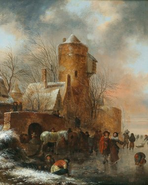 A winter landscape with a fortified town by Nicolaes Molenaer Oil Painting