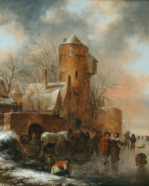 A winter landscape with a fortified town by Nicolaes Molenaer - Hand-Painted Oil Painting Reproduction