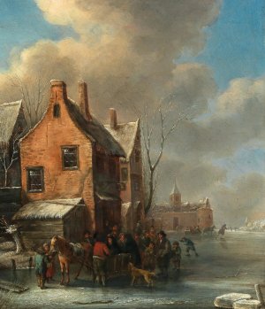 A winter landscape with figures on a frozen river by Nicolaes Molenaer Oil Painting