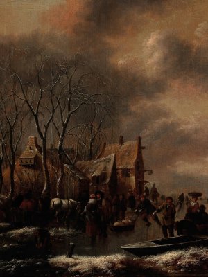 A winter landscape with figures on the ice by Nicolaes Molenaer Oil Painting