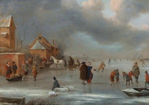 A winter landscape with skaters on the ice by Nicolaes Molenaer Oil Painting