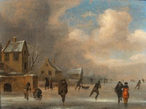 A winter landscape with skaters on the ice by Nicolaes Molenaer Oil Painting