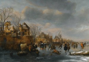An Extensive Winter Landscape With Numerous Figures On The Ice by Nicolaes Molenaer Oil Painting