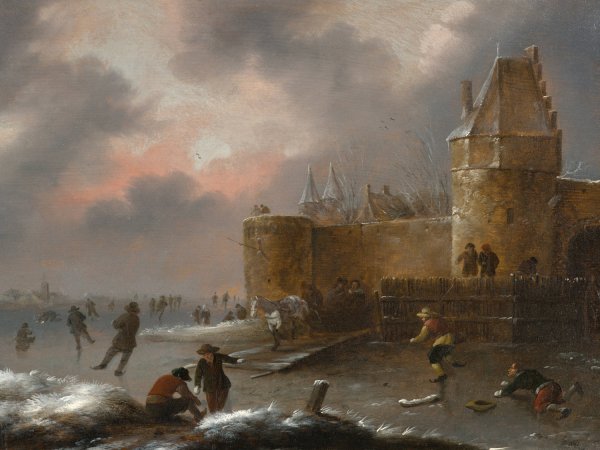 Winter Landscape with Skaters  by Nicolaes Molenaer - Hand-Painted Oil Painting Reproduction