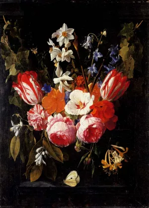 A Swag of Tulips, Peonies, Carnations, Narcissi and other Flower Oil painting by Nicolaes Van Veerendael