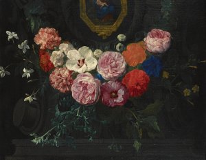 A Garland Of Flowers Surrounding A Cartouche With The Virgin And Child by Nicolaes Van Verendael Oil Painting