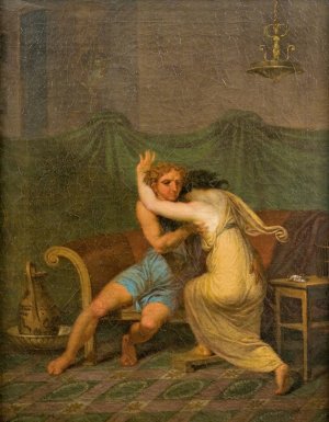 Catullus and Lesbia, who in his arms seeking solace for her spurvs death by Nicolai Abraham Abildgaard Oil Painting