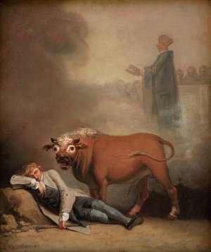 Niels Klim thinks he hears the Deacon when he is awakened by a Bull by Nicolai Abraham Abildgaard Oil Painting