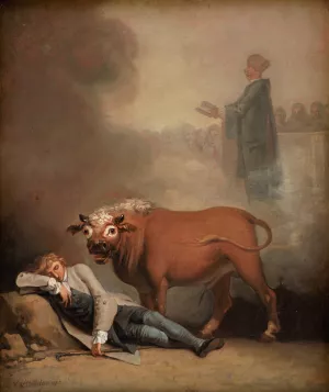 Niels Klim thinks he hears the Deacon when he is awakened by a Bull by Nicolai Abraham Abildgaard Oil Painting