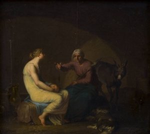 Roverbandens husholderske troster den unge pige ved at fortaelle myten om Amor og Psyche. Motiv fra Apulejus, Det gyldne aesel by Nicolai Abraham Abildgaard Oil Painting