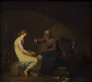 Roverbandens husholderske troster den unge pige ved at fortaelle myten om Amor og Psyche. Motiv fra Apulejus, Det gyldne aesel by Nicolai Abraham Abildgaard Oil Painting