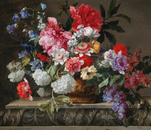 A still life with roses, tulips, anemones, sprigs of lilac, viburnums and shrubs by Nicolas Baudesson Oil Painting