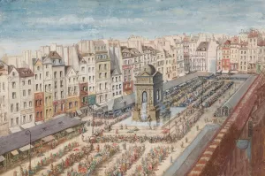 La place et la fontaine des Innocents avant la construction des Halles centrales by Nicolas Bazin Oil Painting
