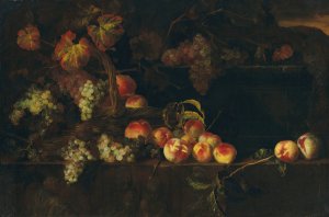 Grapes and peaches in a wicker basket with other fruit on a ledge, a landscape beyond by Nicolas De Largilliere Oil Painting