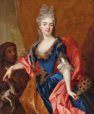 Portrait of a lady, holding a peacock feather fan with her servant, holding a dog by Nicolas De Largilliere Oil Painting