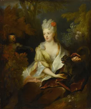Portrait of a lady seated in a landscape with her pet dog and a monkey by Nicolas De Largilliere Oil Painting