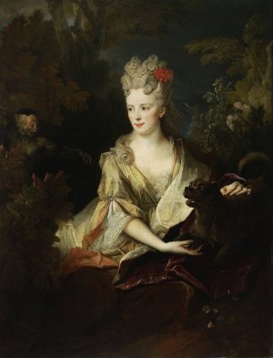 Portrait of a lady with a dog and a monkey by Nicolas De Largilliere Oil Painting