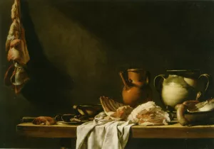 Table de Cuisine - Earthenware Jugs and Meat on a Partly Draped Oil painting by Nicolas Henry Jeurat De Bertry