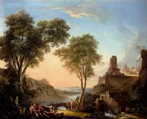 Figures Resting On The Banks Of A River, A Bridge In The Distance painting by Nicolas-Jacques Juliard