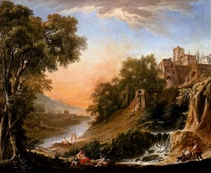Figures Resting On The Banks Of A River, A Waterfall In The Foreground