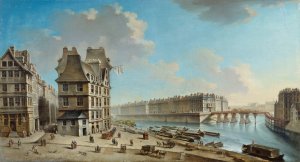 La Greve, l'Ile Saint-Louis et le Pont Rouge, vus de la place de la Greve Oil painting by Nicolas Jean-Baptiste Raguenet
