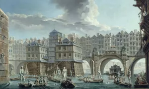 La joute des mariniers, entre le pont Notre-Dame et le pont au Change Oil painting by Nicolas Jean-Baptiste Raguenet