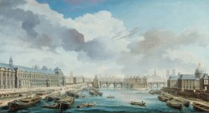 Le Louvre, le Pont-Neuf et le College des Quatre-Nations, actuel Institut de France, vus du pont Royal Oil painting by Nicolas Jean-Baptiste Raguenet