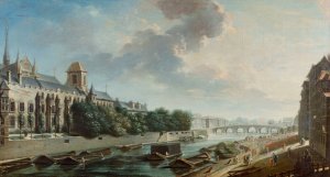 Le Palais de l'archeveche, vue de la rive gauche by Nicolas Jean-Baptiste Raguenet Oil Painting