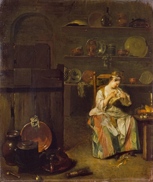 A Young Woman in a Kitchen  by Nicolas Lancret - Hand-Painted Oil Painting Reproduction