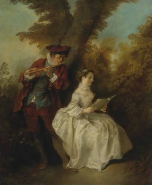 le Duo, a Young Man Playing The Flute And a Young Woman Singing In a Landscape by Nicolas Lancret Oil Painting