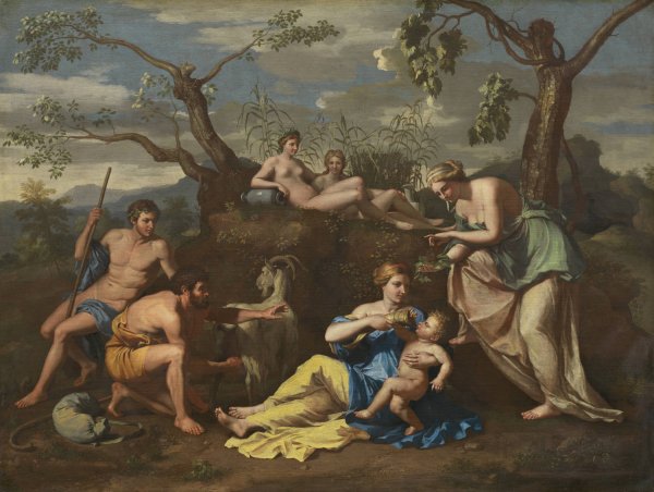 Nymphs Feeding the Child Jupiter  by Nicolas Poussin (Follower) - Hand-Painted Oil Painting Reproduction