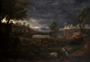 Landscape during a Thunderstorm with Pyramus and Thisbe by Nicolas Poussin Oil Painting